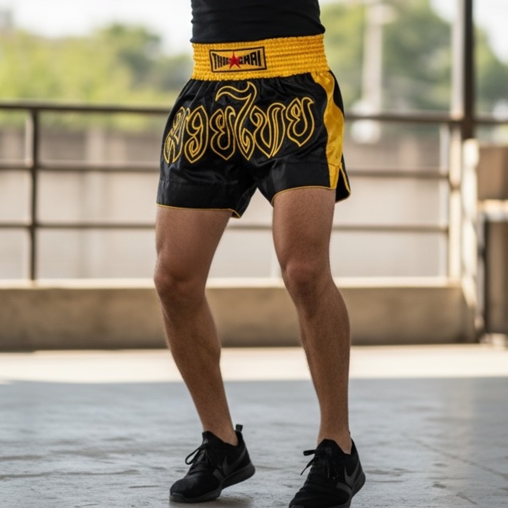THAISMAI Muay Thai Short Classic Boxing MMA Costume Black Size Large